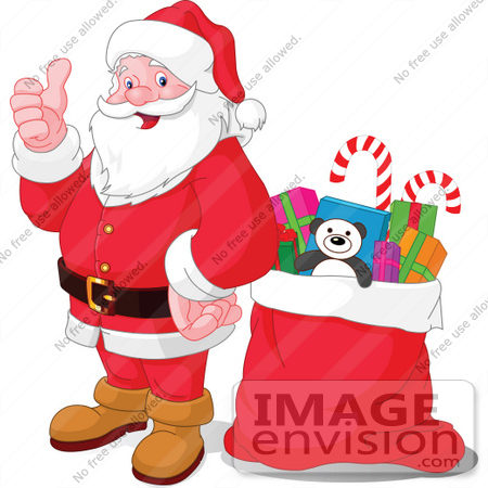 #48476 Clip Art Illustration Of Santa Holding His Thumb Up And Standing By A Sack Of Toys by pushkin