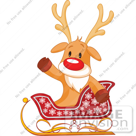 #48490 Clip Art Illustration Of A Cute Rudolph Sitting In A Sleigh And Waving by pushkin