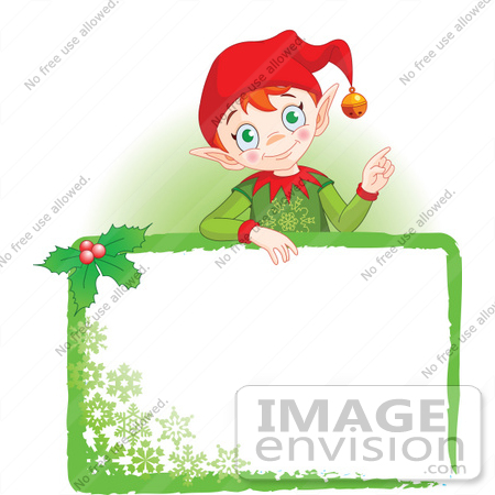 #48491 Clip Art Illustration Of A Xmas Elf Standing Behind A Green Blank Sign by pushkin