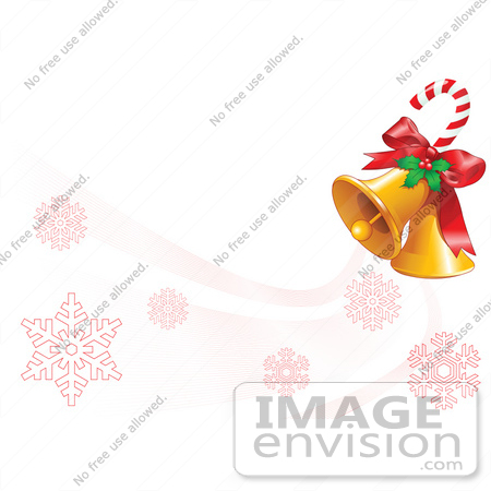 #48493 Clip Art Illustration Of A Candy Cane With Holly And Xmas Bells Over A White With Red Snowflakes by pushkin