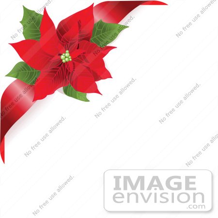 #48499 Clip Art Illustration Of A White Background With A Red Ribbon And Xmas Poinsettia Corner by pushkin