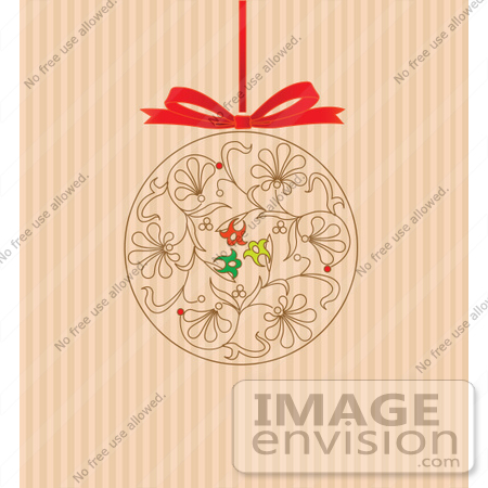 #48500 Clip Art Illustration Of A Floral Scroll Xmas Ornament Hanging From A Red Ribbon, On A Striped Background by pushkin