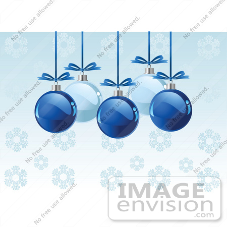 #48509 Clip Art Illustration Of Shiny Light And Dark Blue Xmas Baubles With Bows, Suspended Over A Blue Snowflake Background by pushkin