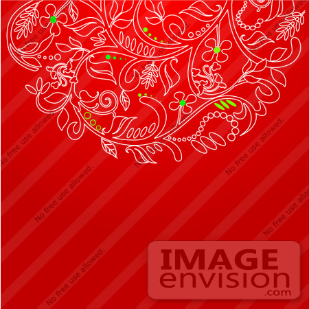#48516 Clip Art Illustration Of A Red Xmas Background With White And Green Floral Designs And Copyspace by pushkin