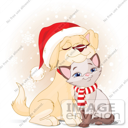 #48523 Stock Illustration Of A Cuddly Xmas Yellow Lab Puppy And Siamese Kitten Wearing A Santa Hat And Scarf by pushkin