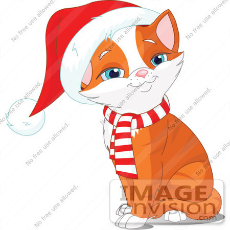 #48524 Clip Art Illustration Of A Happy Sitting Orange Xmas Kitten Wearing A Santa Hat by pushkin