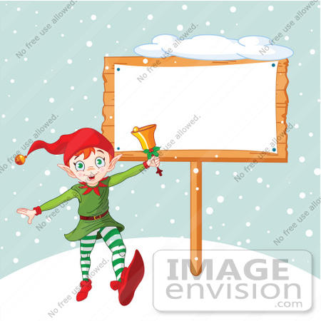 #48529 Clip Art Illustration Of An Energetic Xmas Elf Ringing A Bell By A Blank Sign In The Snow by pushkin