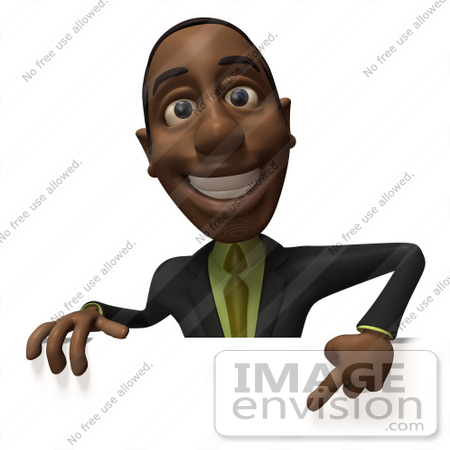 #48534 Royalty-Free (RF) 3d Illustration Of A Black Businessman Mascot Pointing Down And Standing Behind A Blank Sign - Version 1 by Julos