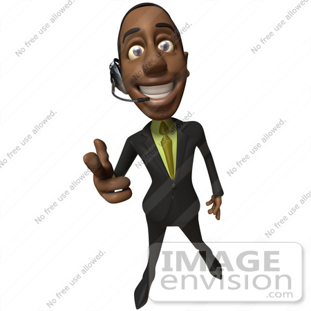 #48537 Royalty-Free (RF) 3d Illustration Of A Black Businessman Mascot Pointing His Fingers Like A Gun And Wearing A Headset - Version 1 by Julos