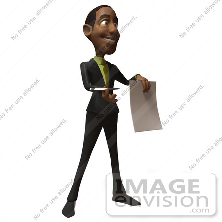 #48543 Royalty-Free (RF) 3d Illustration Of A Black Businessman Mascot Holding Out A Contract And Pen - Version 2 by Julos