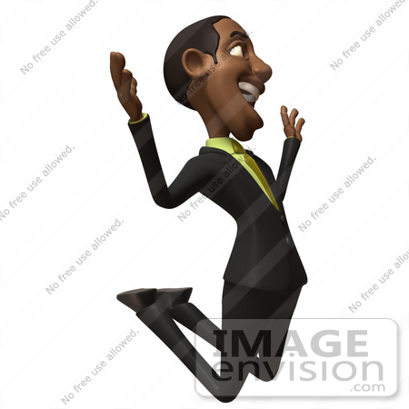 #48544 Royalty-Free (RF) 3d Illustration Of A Black Businessman Mascot Jumping And Smiling - Version 3 by Julos