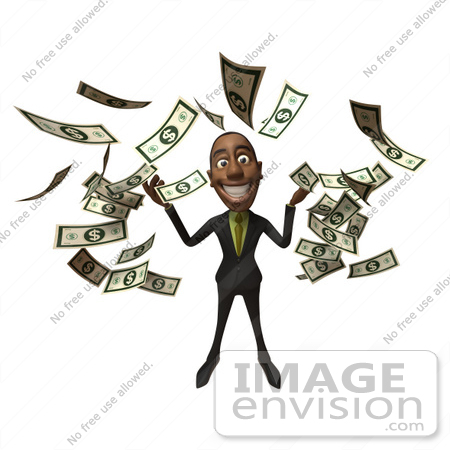 #48547 Royalty-Free (RF) 3d Illustration Of A Black Businessman Mascot Throwing Cash Into The Air - Version 4 by Julos