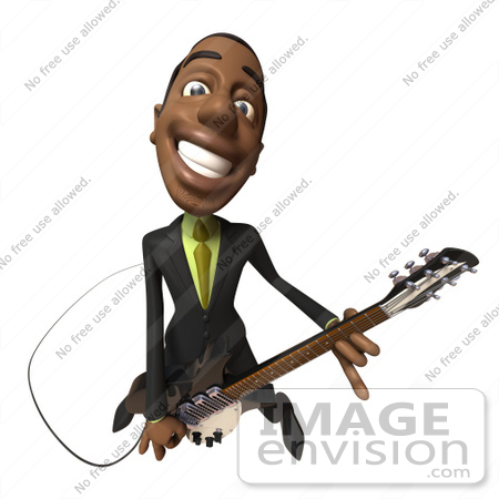 #48548 Royalty-Free (RF) 3d Illustration Of A Black Businessman Mascot Playing An Electric Guitar - Version 4 by Julos