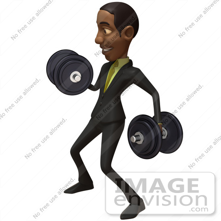 #48558 Royalty-Free (RF) 3d Illustration Of A Black Businessman Mascot Lifting Weights - Version 2 by Julos