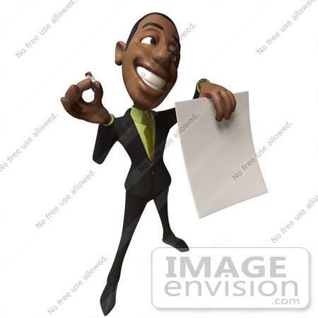 #48565 Royalty-Free (RF) 3d Illustration Of A Black Businessman Mascot Holding Out A Contract And Pen - Version 5 by Julos