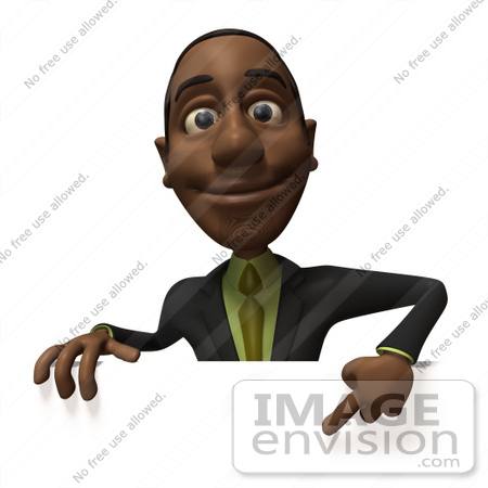 #48575 Royalty-Free (RF) 3d Illustration Of A Black Businessman Mascot Pointing Down And Standing Behind A Blank Sign - Version 2 by Julos