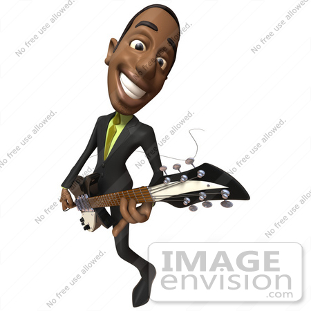 #48577 Royalty-Free (RF) 3d Illustration Of A Black Businessman Mascot Playing An Electric Guitar - Version 5 by Julos