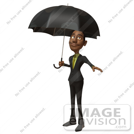#48580 Royalty-Free (RF) 3d Illustration Of A Black Businessman Mascot Standing Under An Umbrella by Julos