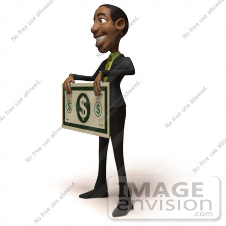 #48588 Royalty-Free (RF) 3d Illustration Of A Black Businessman Mascot Holding An Over Sized Dollar - Version 2 by Julos