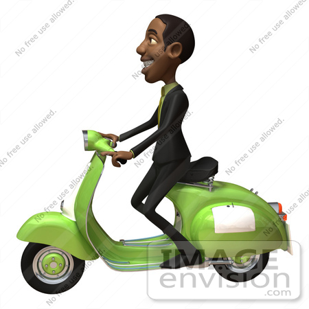 #48599 Royalty-Free (RF) 3d Illustration Of A Black Businessman Mascot Riding A Scooter by Julos