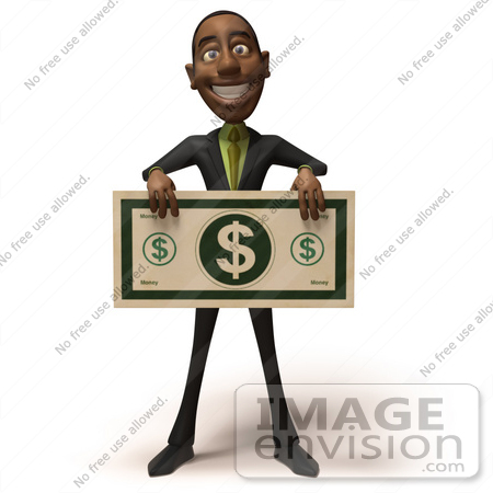 #48604 Royalty-Free (RF) 3d Illustration Of A Black Businessman Mascot Holding An Over Sized Dollar - Version 4 by Julos