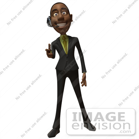 #48608 Royalty-Free (RF) 3d Illustration Of A Black Businessman Mascot Pointing His Fingers Like A Gun And Wearing A Headset - Version 2 by Julos