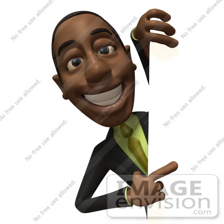 #48610 Royalty-Free (RF) 3d Illustration Of A Black Businessman Mascot Looking Around A Blank Sign - Version 3 by Julos