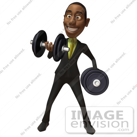 #48611 Royalty-Free (RF) 3d Illustration Of A Black Businessman Mascot Lifting Weights - Version 1 by Julos