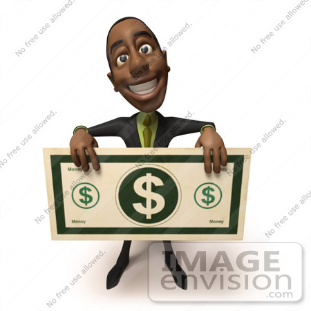 #48612 Royalty-Free (RF) 3d Illustration Of A Black Businessman Mascot Holding An Over Sized Dollar - Version 1 by Julos