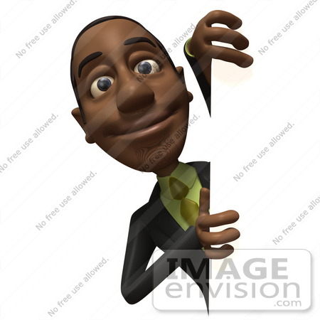 #48613 Royalty-Free (RF) 3d Illustration Of A Black Businessman Mascot Looking Around A Blank Sign - Version 1 by Julos