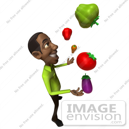 #48628 Royalty-Free (RF) Illustration Of A 3d Black Man Mascot Juggling Healthy Veggies - Version 4 by Julos