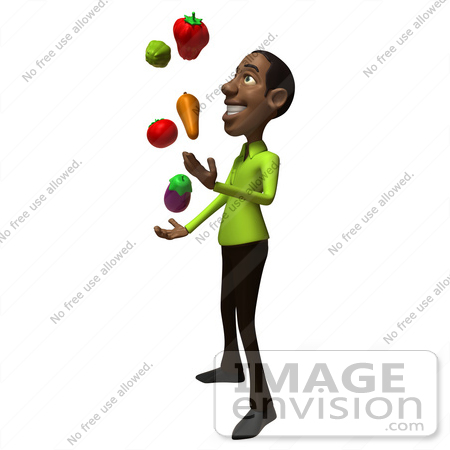 #48629 Royalty-Free (RF) Illustration Of A 3d Black Man Mascot Juggling Healthy Veggies - Version 2 by Julos