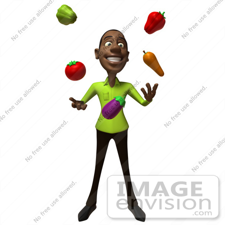 #48630 Royalty-Free (RF) Illustration Of A 3d Black Man Mascot Juggling Healthy Veggies - Version 1 by Julos
