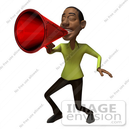 #48640 Royalty-Free (RF) Illustration Of A 3d Black Man Mascot Speaking Through A Megaphone - Version 3 by Julos
