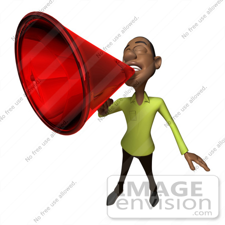 #48641 Royalty-Free (RF) Illustration Of A 3d Black Man Mascot Speaking Through A Megaphone - Version 4 by Julos
