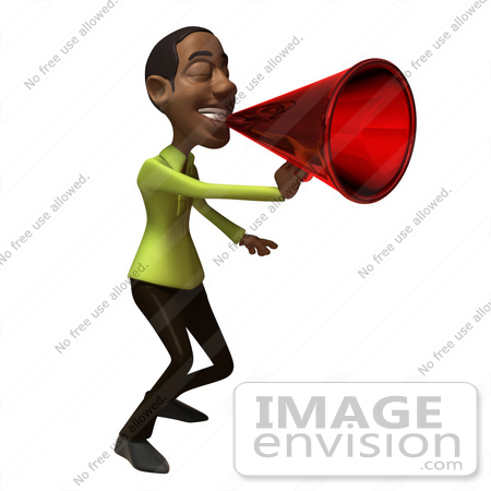 #48642 Royalty-Free (RF) Illustration Of A 3d Black Man Mascot Speaking Through A Megaphone - Version 2 by Julos