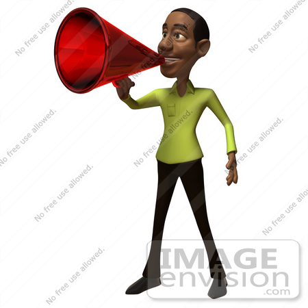 #48644 Royalty-Free (RF) Illustration Of A 3d Black Man Mascot Speaking Through A Megaphone - Version 1 by Julos