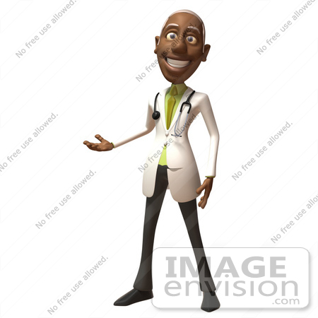 #48717 Royalty-Free (RF) 3d Illustration of a Black Male Doctor Presenting With One Hand by Julos