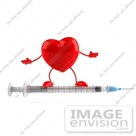 #48739 Royalty-Free (RF) 3d Illustration Of A Red Heart Mascot Standing On A Syringe by Julos