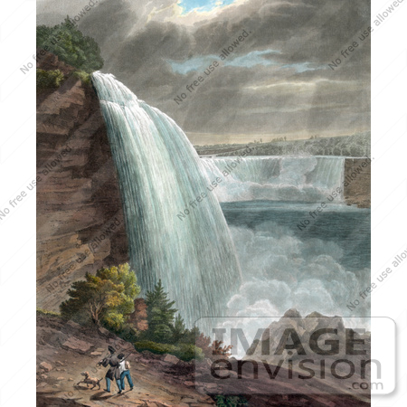 #48796 Royalty-Free Stock Illustration Of Two Men Carrying Guns And Walking With Their Dog Near Niagara Falls At Goat Island by JVPD