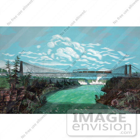 #48798 Royalty-Free Stock Illustration Of A Train Crossing The Great International Railway Suspension Bridge, Niagara Falls In The Background by JVPD