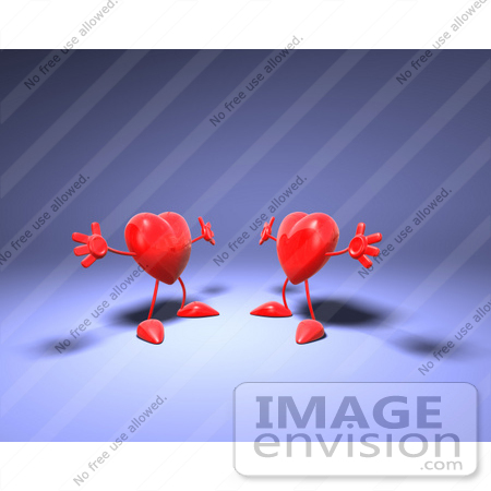 #48837 Royalty-Free (RF) Illustration Of Two 3d Red Love Heart Mascots Holding Their Arms Open For A Hug - Version 2 by Julos