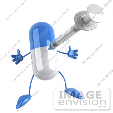 #48952 Royalty-Free (RF) Illustration Of A 3d Blue and White Capsule Pill Mascot Pricked With A Syringe by Julos