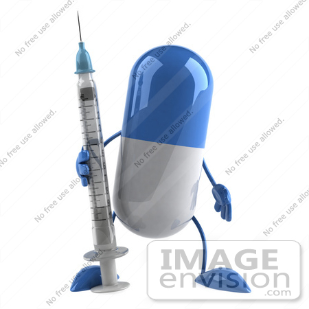 #48953 Royalty-Free (RF) Illustration Of A 3d Blue and White Capsule Pill Mascot Holding A Syringe by Julos