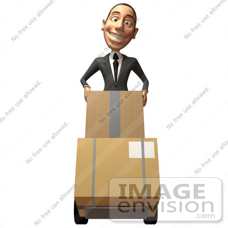 #49372 Royalty-Free (RF) Illustration Of A 3d White Corporate Businessman Moving Boxes On A Dolly - Version 1 by Julos