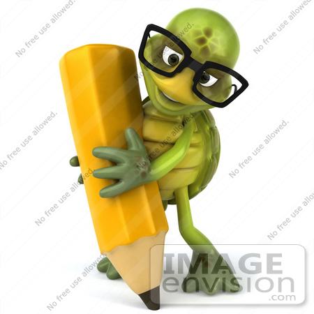 #49418 Royalty-Free (RF) Illustration Of A 3d Green Turtle Mascot Holding A Pencil - Version 4 by Julos