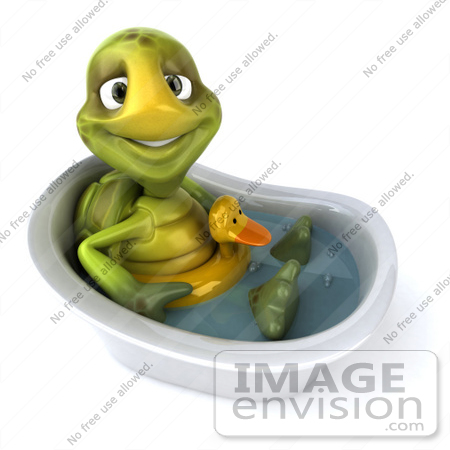 #49424 Royalty-Free (RF) Illustration Of A 3d Green Turtle Mascot Wearing A Floaty And Standing In A Tub - Version 4 by Julos