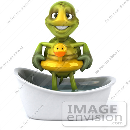 #49427 Royalty-Free (RF) Illustration Of A 3d Green Turtle Mascot Wearing A Floaty And Standing In A Tub - Version 1 by Julos