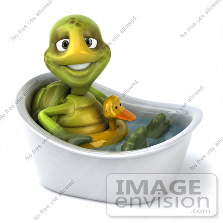 #49429 Royalty-Free (RF) Illustration Of A 3d Green Turtle Mascot Wearing A Floaty And Standing In A Tub - Version 3 by Julos