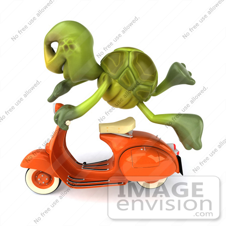 #49437 Royalty-Free (RF) Illustration Of A 3d Green Turtle Mascot Flying By On An Orange Scooter by Julos